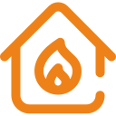 Une maison orange dessinée sur le contour d'une flamme à l'intérieur, symbolisant le chauffage domestique.