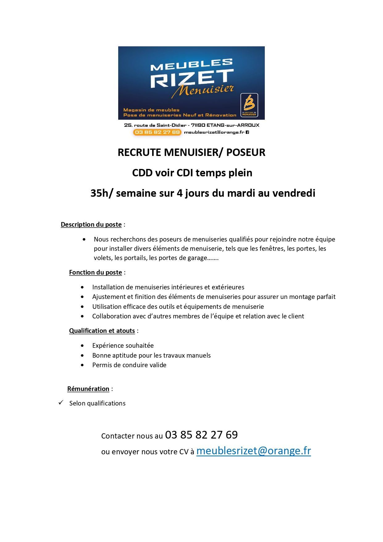 Offre d'emploi pour un menuisier 