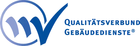 A blue and white logo that says qualitätsverbund gebäudedienste