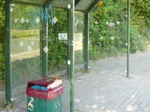 Vor einer Bushaltestelle steht ein Mülleimer.