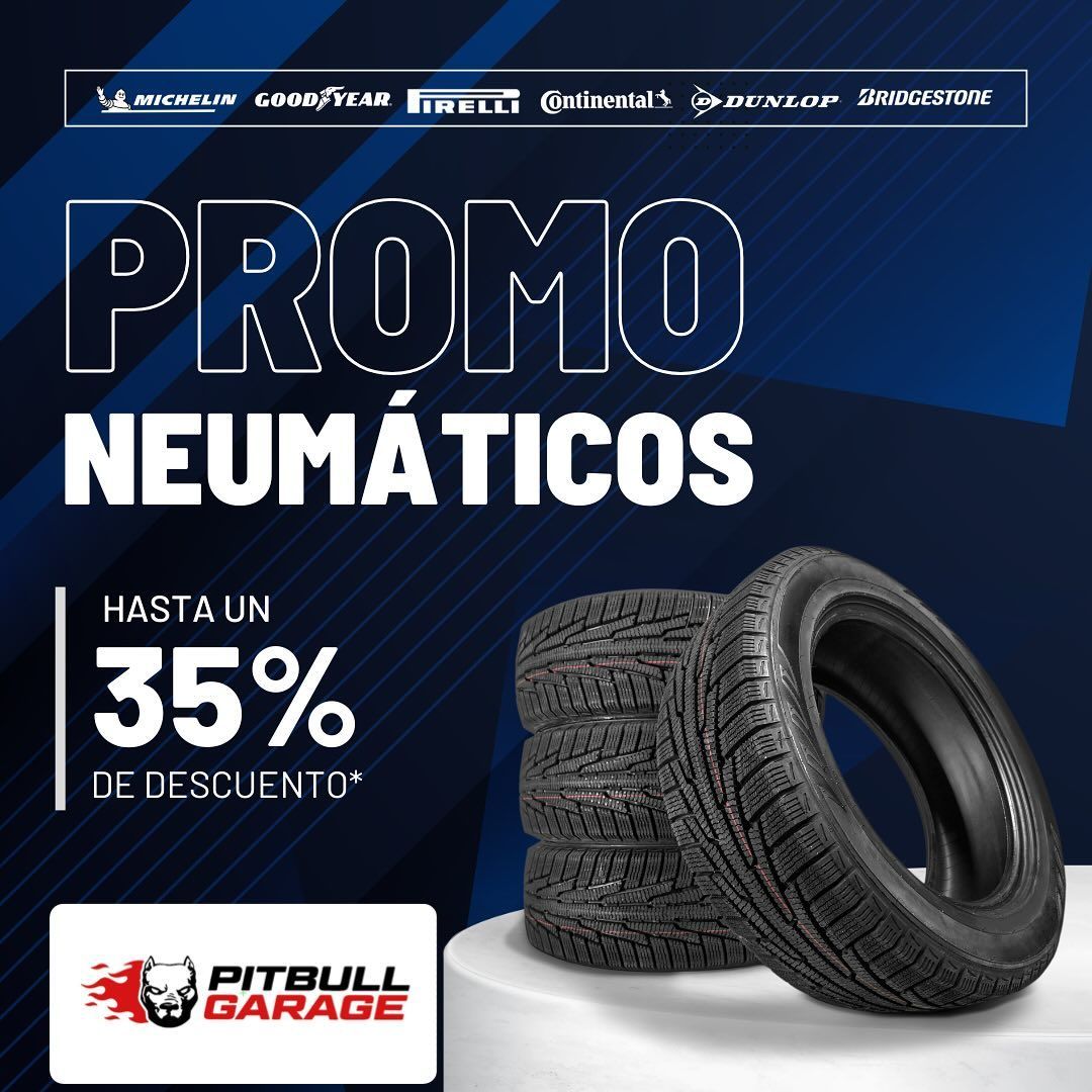 Promoción de neumáticos en Pitbull Garage con hasta un 35% de descuento. Incluye marcas de neumáticos y un juego de neumáticos.