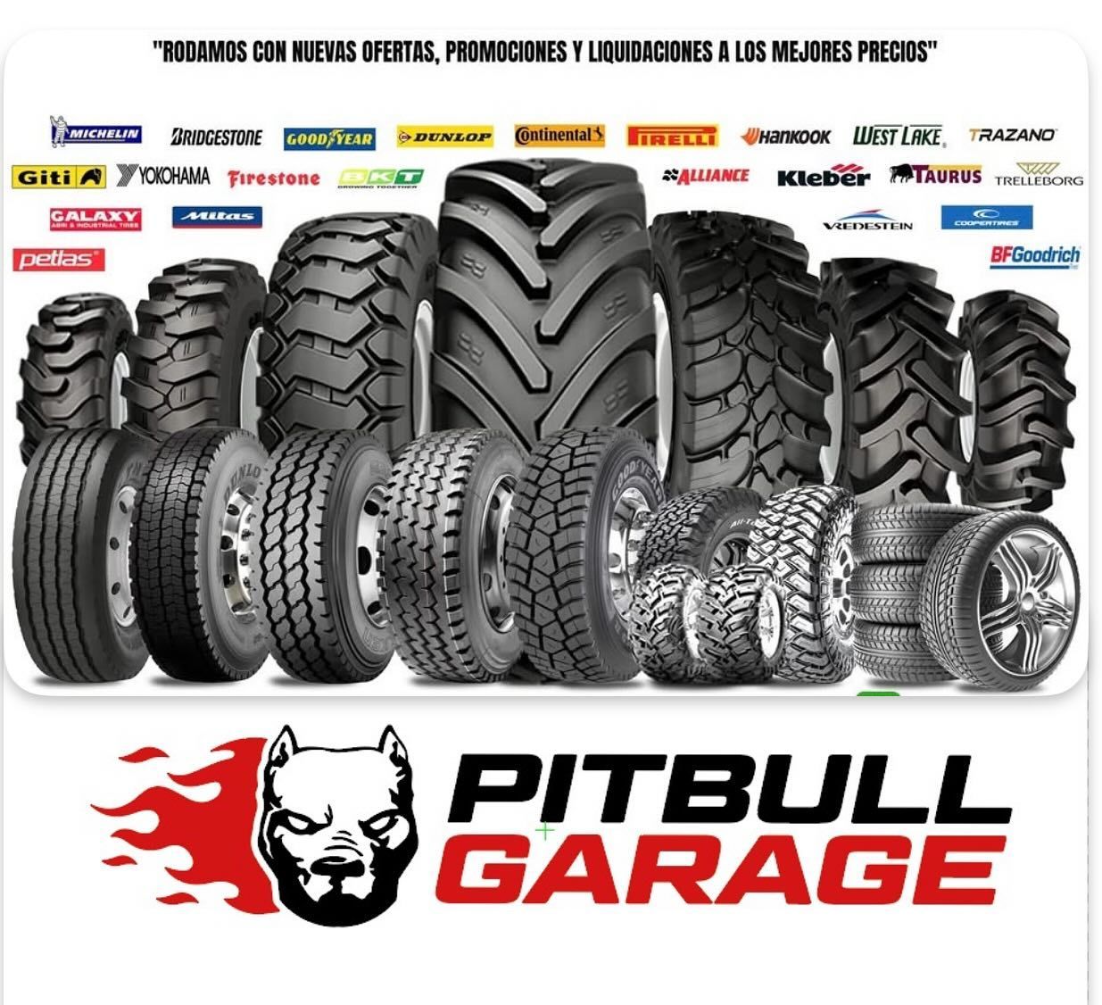Advertisement for Pitbull Garage: tires with brand logos, text