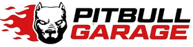 Logotipo con cabeza de pitbull y llamas, con "PITBULL GARAGE" en texto negro y rojo.