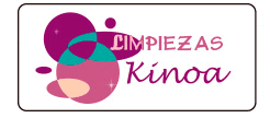 Logotipo de Limpiezas Kinoa: círculos superpuestos de color morado, verde azulado y rosa; texto en morado.