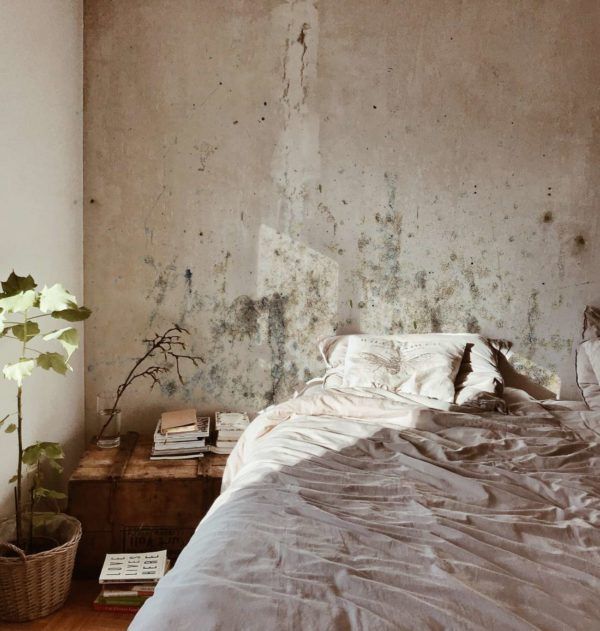 Dormitorio con pared texturizada sin pintar. Cama con ropa de cama neutra, mesita de noche de madera, planta y luz solar.