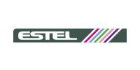 Logo ESTEL avec texte blanc sur fond rectangulaire vert et lignes diagonales multicolores.