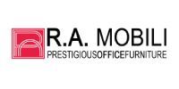 Logo de RA Mobili, composé d'un carré rouge au design abstrait et d'un texte noir indiquant « RA MOBILI » et « PRESTIGIOUSOFFICEFURNITURE ».