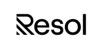 Logo de Resol, texte en noir. Le « R » est stylisé avec des lignes diagonales.