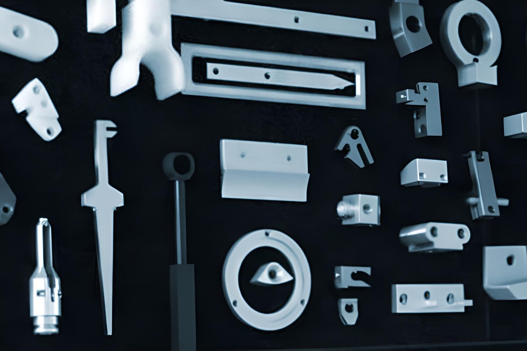 Sammlung verschiedener kleiner, heller Metallteile, angeordnet vor dunklem Hintergrund. Die Teile haben unterschiedliche Formen und Funktionen, wahrscheinlich für Maschinen.