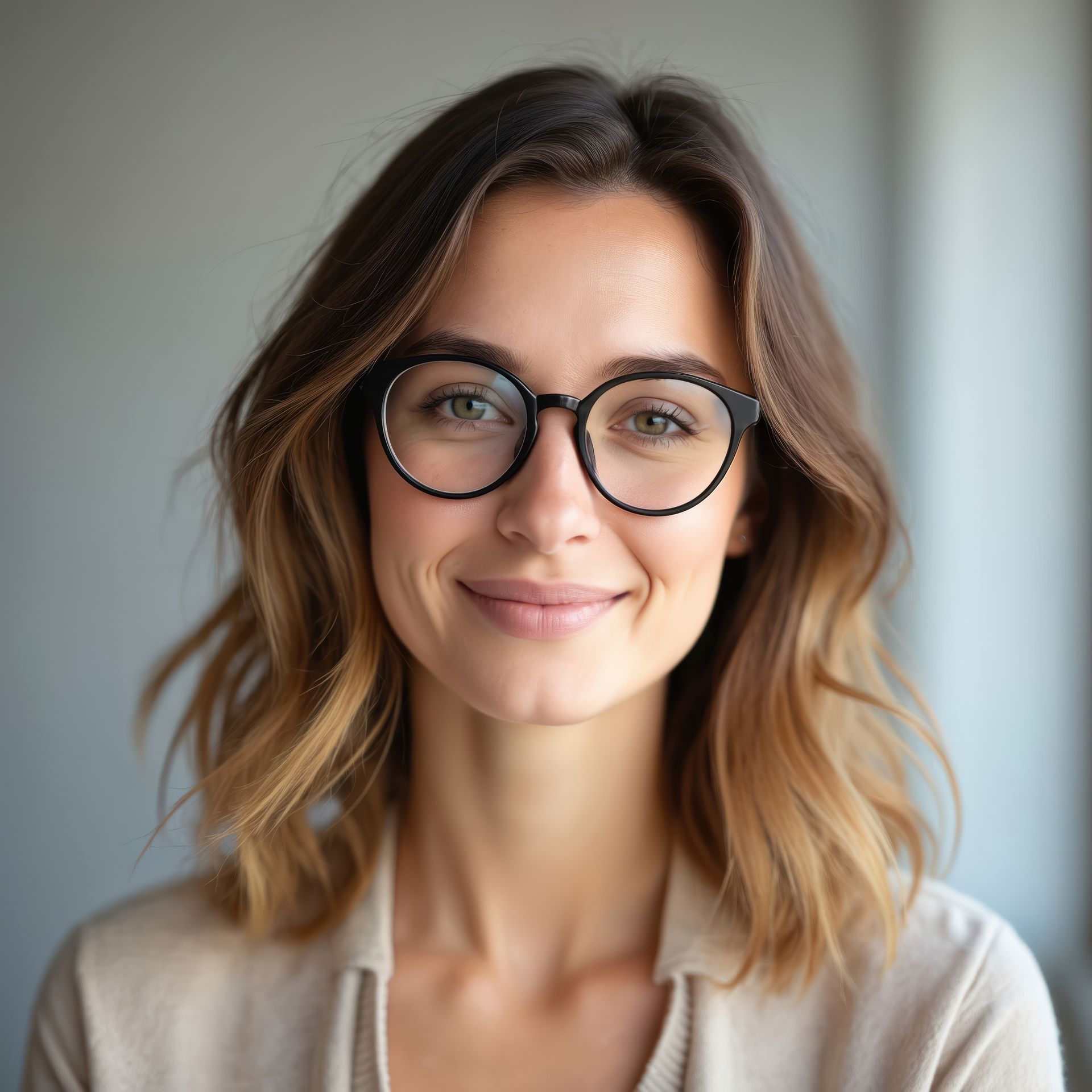Une femme portant des lunettes et une veste à motifs sourit. Un tableau coloré orne l'arrière-plan.