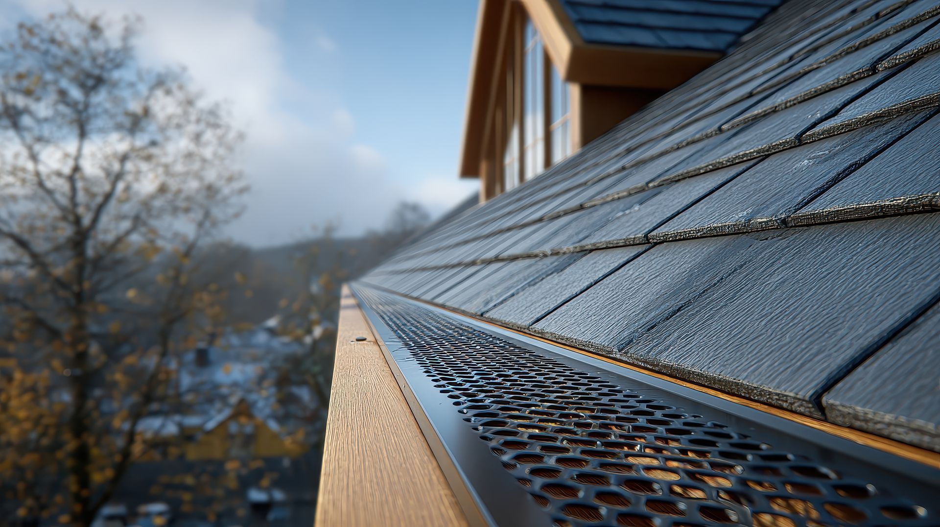 Gouttière avec grille sur un toit, avec des bardeaux mouillés et un arrière-plan flou d'arbres et d'une maison.