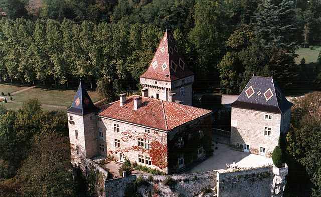 Château aux toits de tuiles rouges, tourelles et murs en pierre, entouré d'arbres verts et d'une pelouse herbeuse.