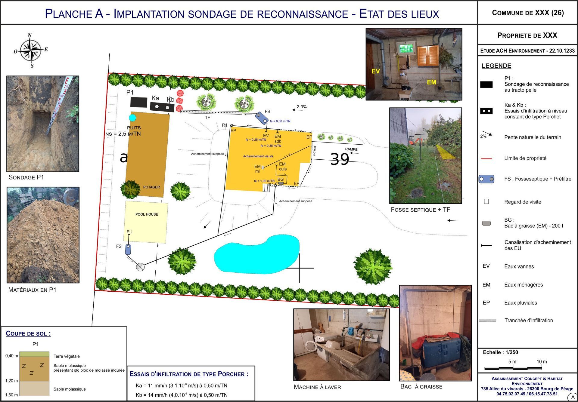 Une pelouse avec un arbre et une sangle de remorquage jaune. Un engin de chantier est stationné en amont.