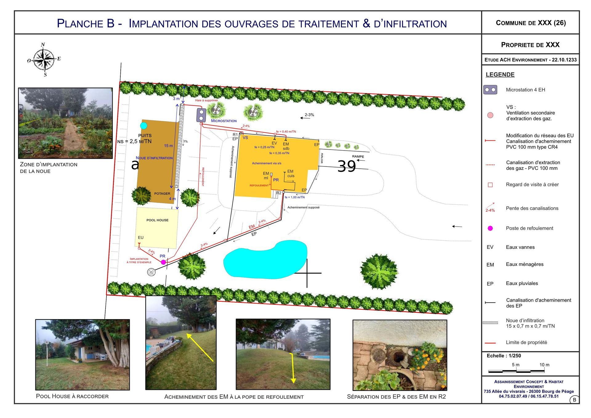 Extérieur du bâtiment avec un lit de gravier et des plantes, un parking avec des voitures et des montagnes au loin.