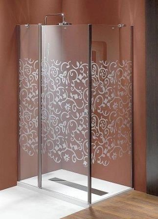 Una cabina de ducha con un diseño floral en el cristal.