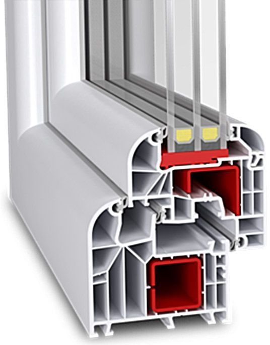 Un marco de ventana de plástico blanco con un cuadrado rojo en el medio.