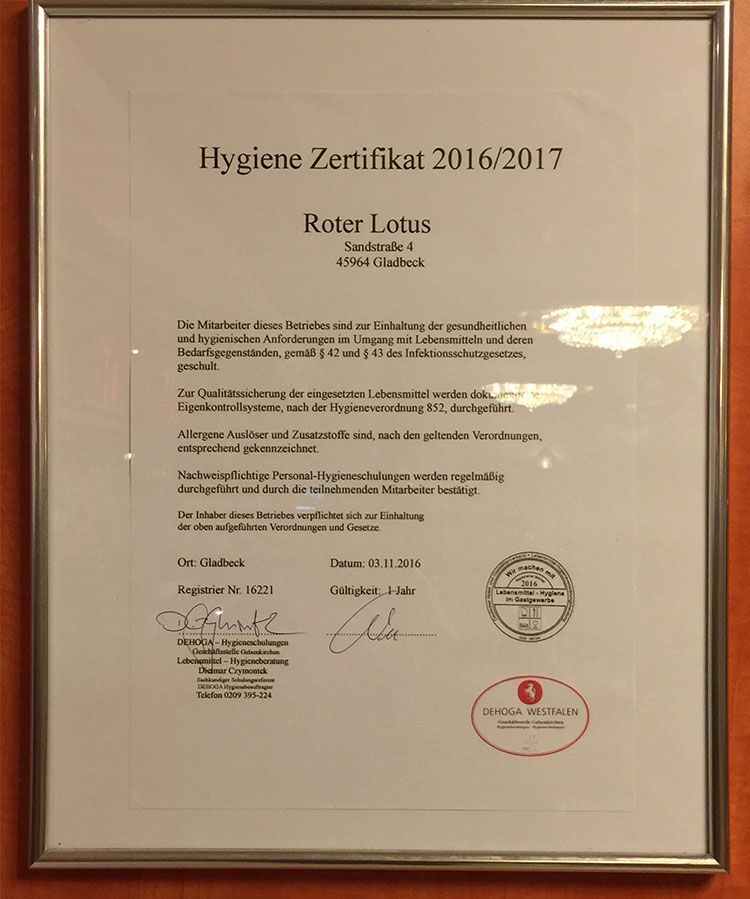Hygiene Zertifikat Roter Lotus