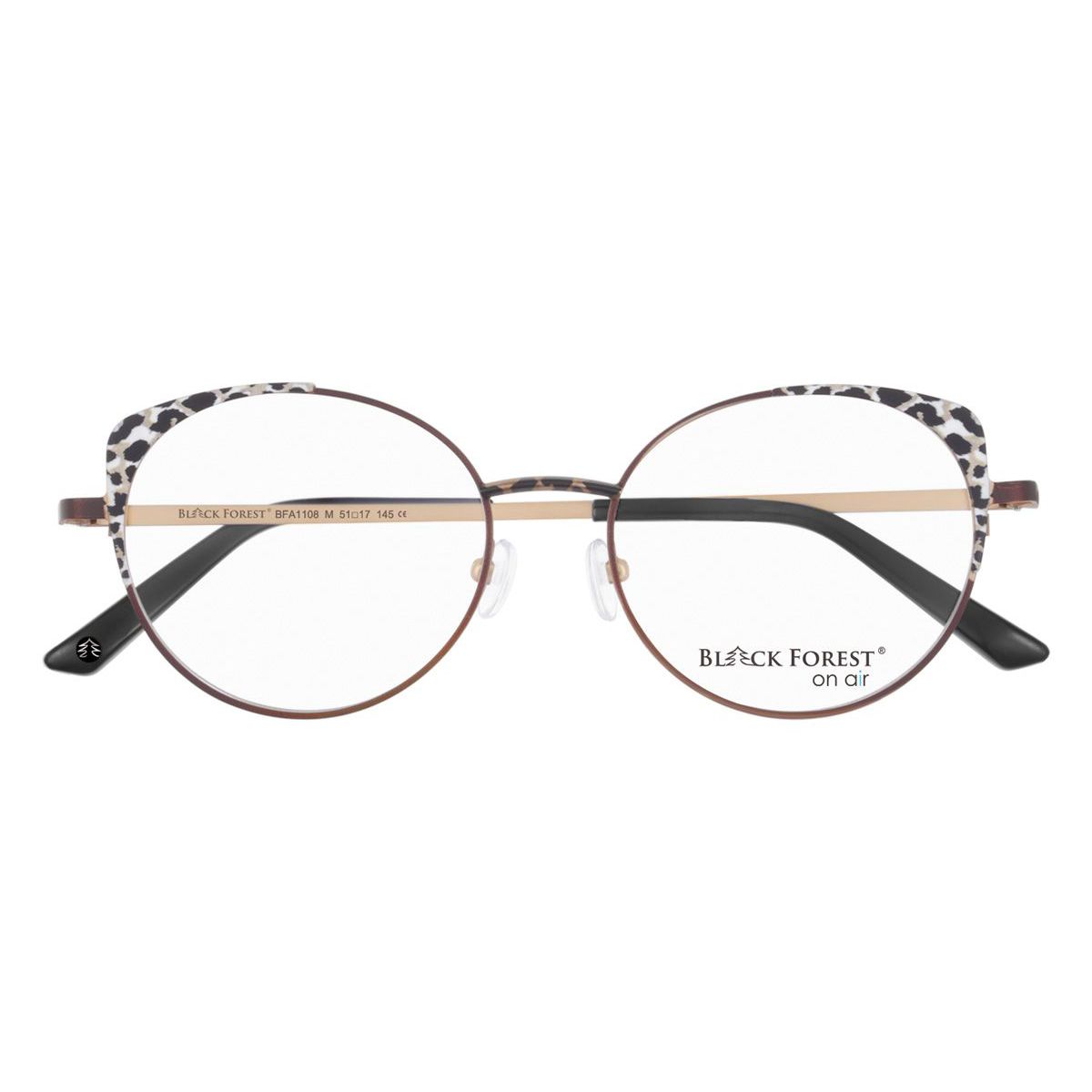 Runde Brille mit bronzefarbenem Rahmen und Leopardenmuster an den Bügeln.