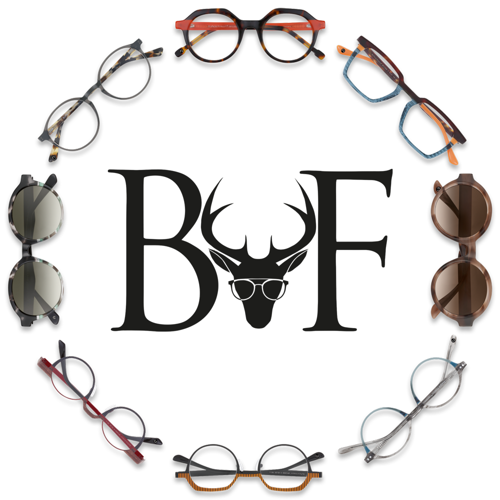 Ein Kreis aus Brillen um das Logo von Black Forest Eyewear