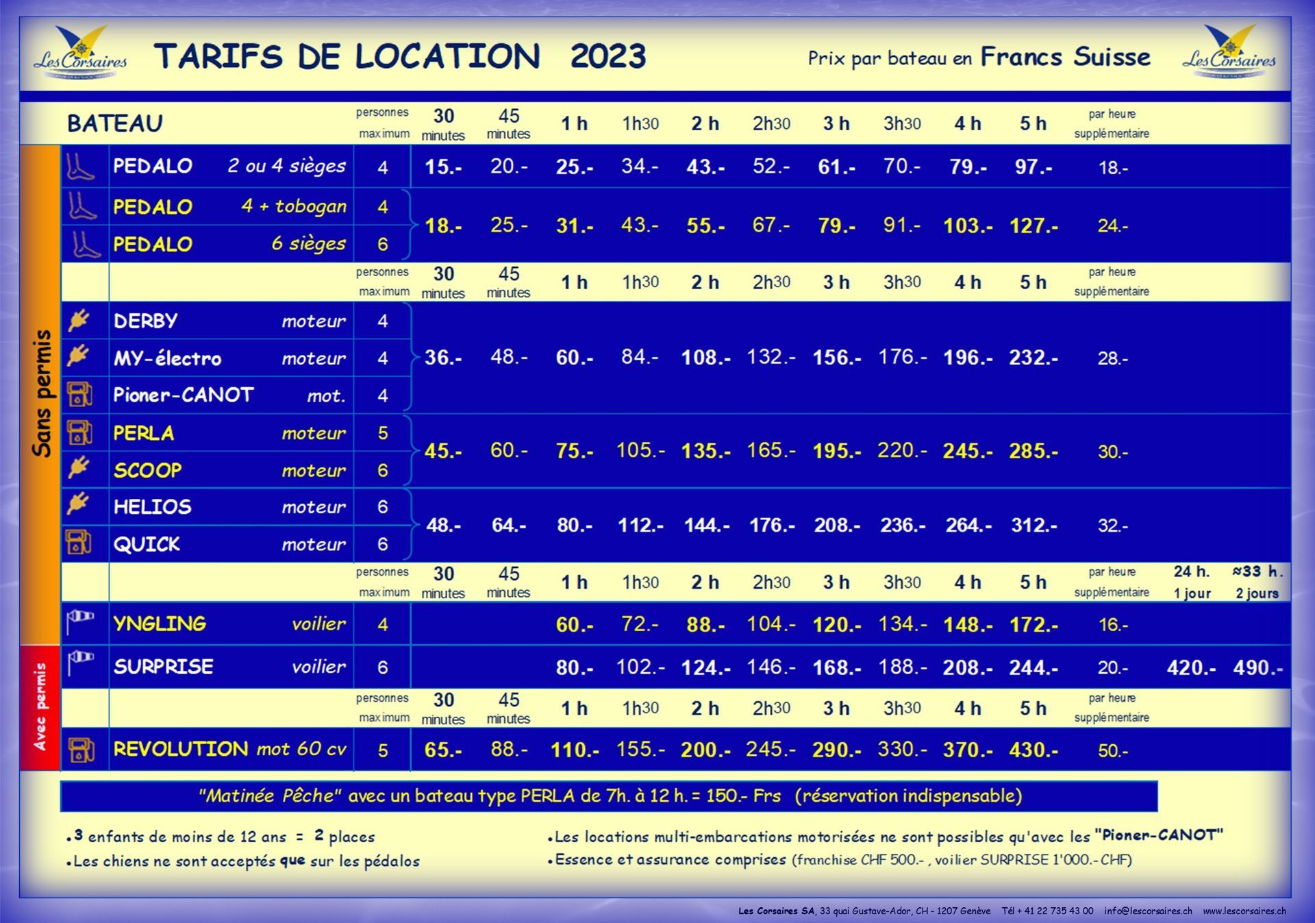 Les Corsaires Genève | Tarifs de location 2023