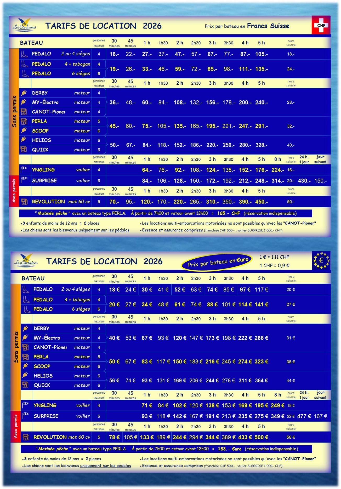 Euro fares may be adjusted during the season Les Corsaires Geneva | Rental rates 2025