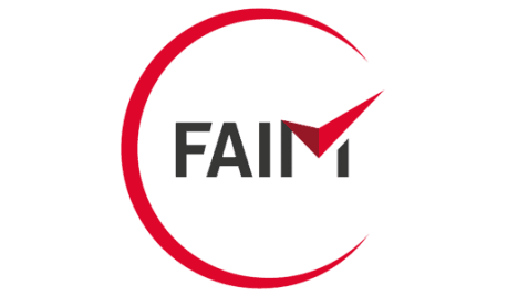 Das Faim-Logo ist ein roter Kreis mit einem Häkchen darin.