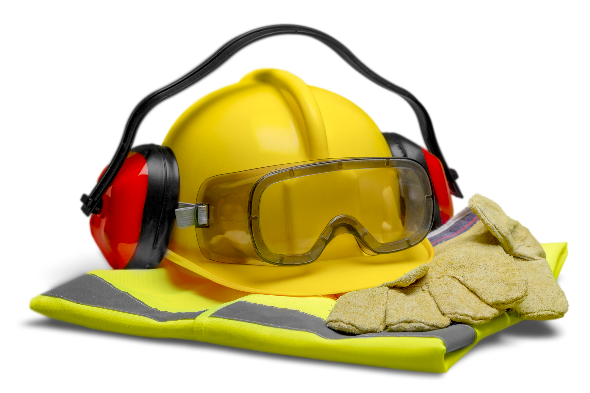 Casque de sécurité jaune avec protection auditive, lunettes de sécurité, gants et gilet réfléchissant.