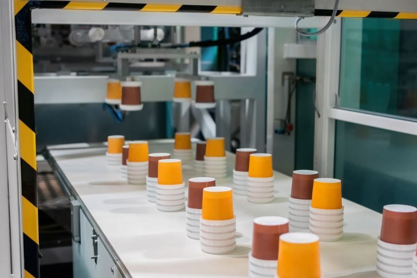 Una cinta transportadora llena de pilas de vasos de papel en una fábrica.