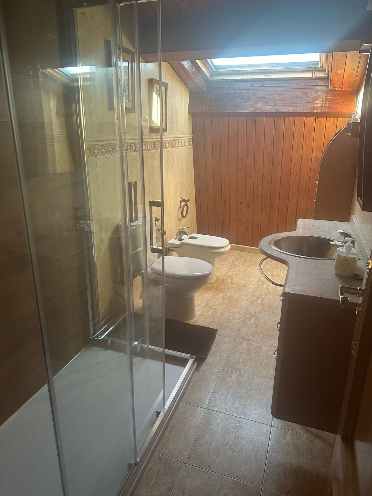 Un baño con inodoro, lavabo y ducha.