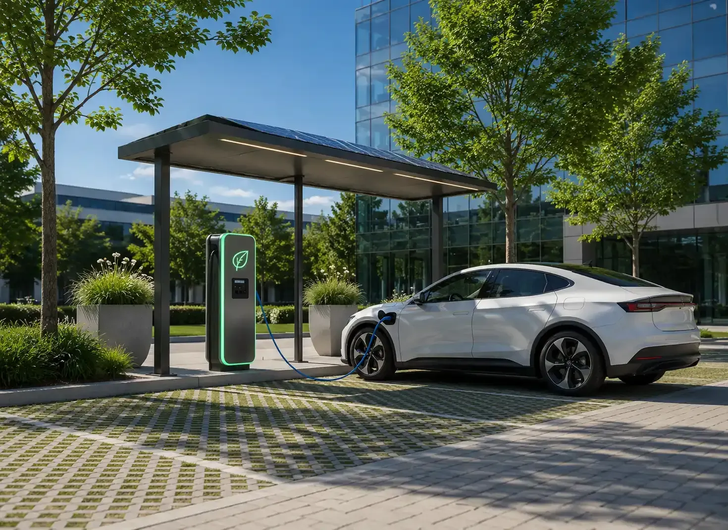 Coche eléctrico blanco en una moderna estación de carga al aire libre con árboles y edificios de cristal cerca.