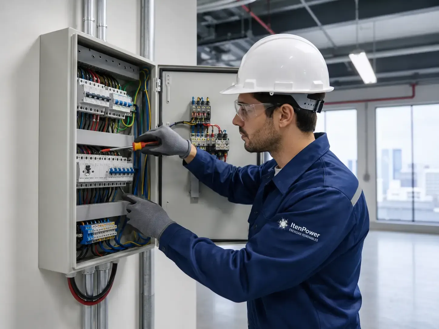 Técnico con casco inspeccionando un panel de control eléctrico abierto con cableado e interruptores.