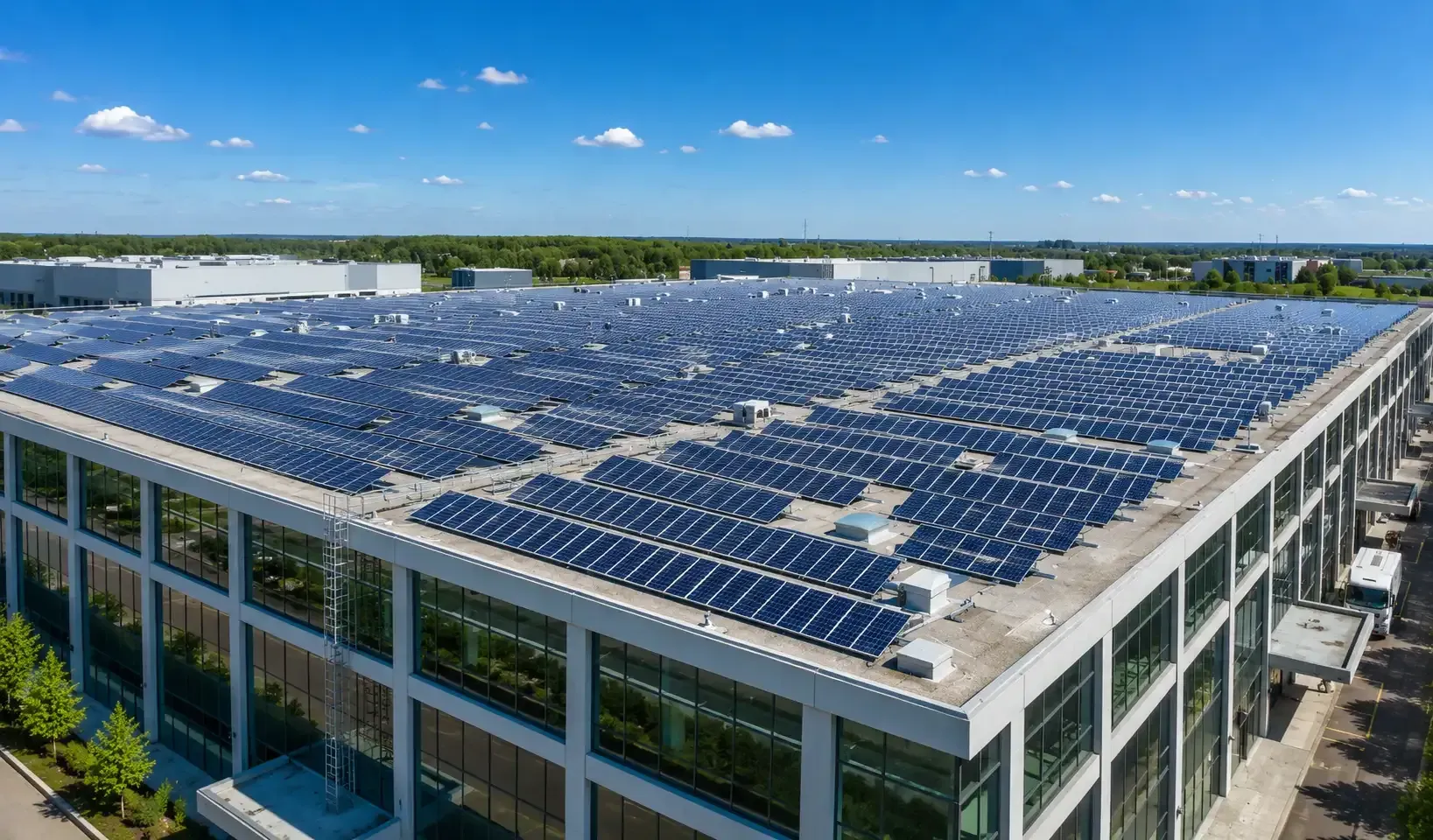 Azotea cubierta de paneles solares en un moderno edificio de oficinas bajo un cielo azul despejado.