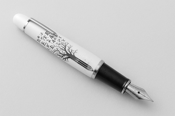 Una pluma estilográfica blanca con un árbol en ella.