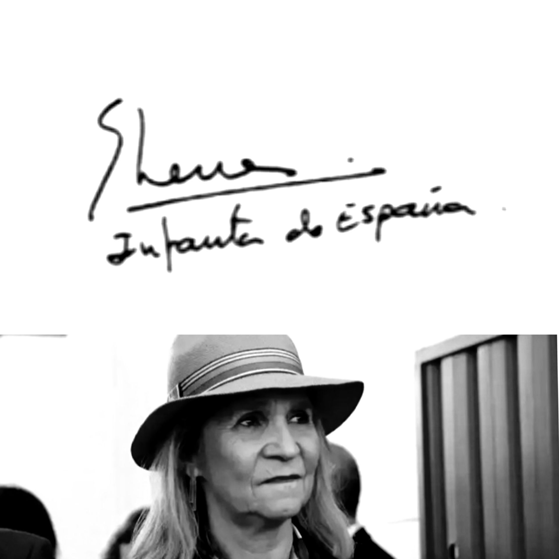 Una mujer con sombrero está parada frente a un cartel que dice Infante de España.