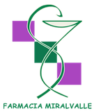 Un logo verde y morado para farmacia miravalle.