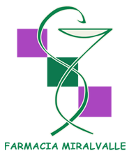 Un logo verde y morado para farmacia miravalle.