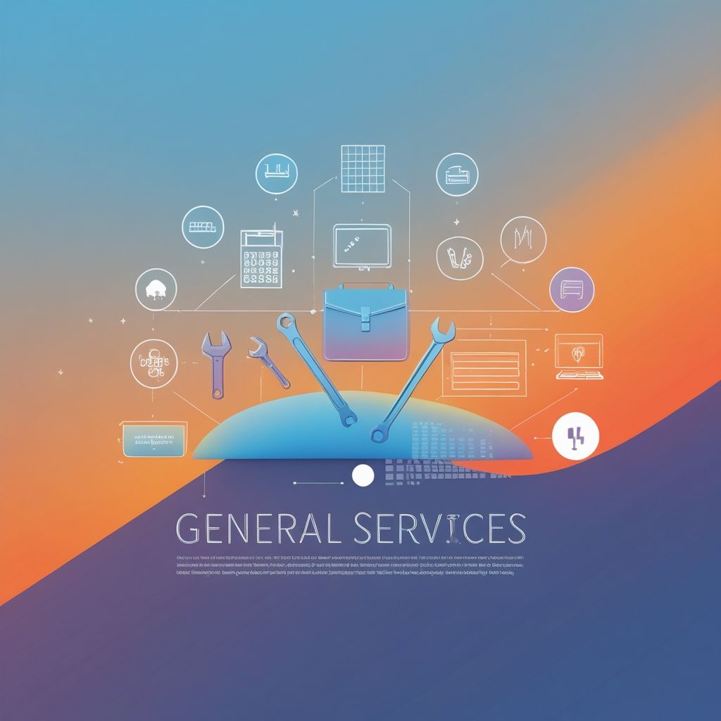 Un cartel de servicios generales con un maletín, llaves inglesas y otros iconos.