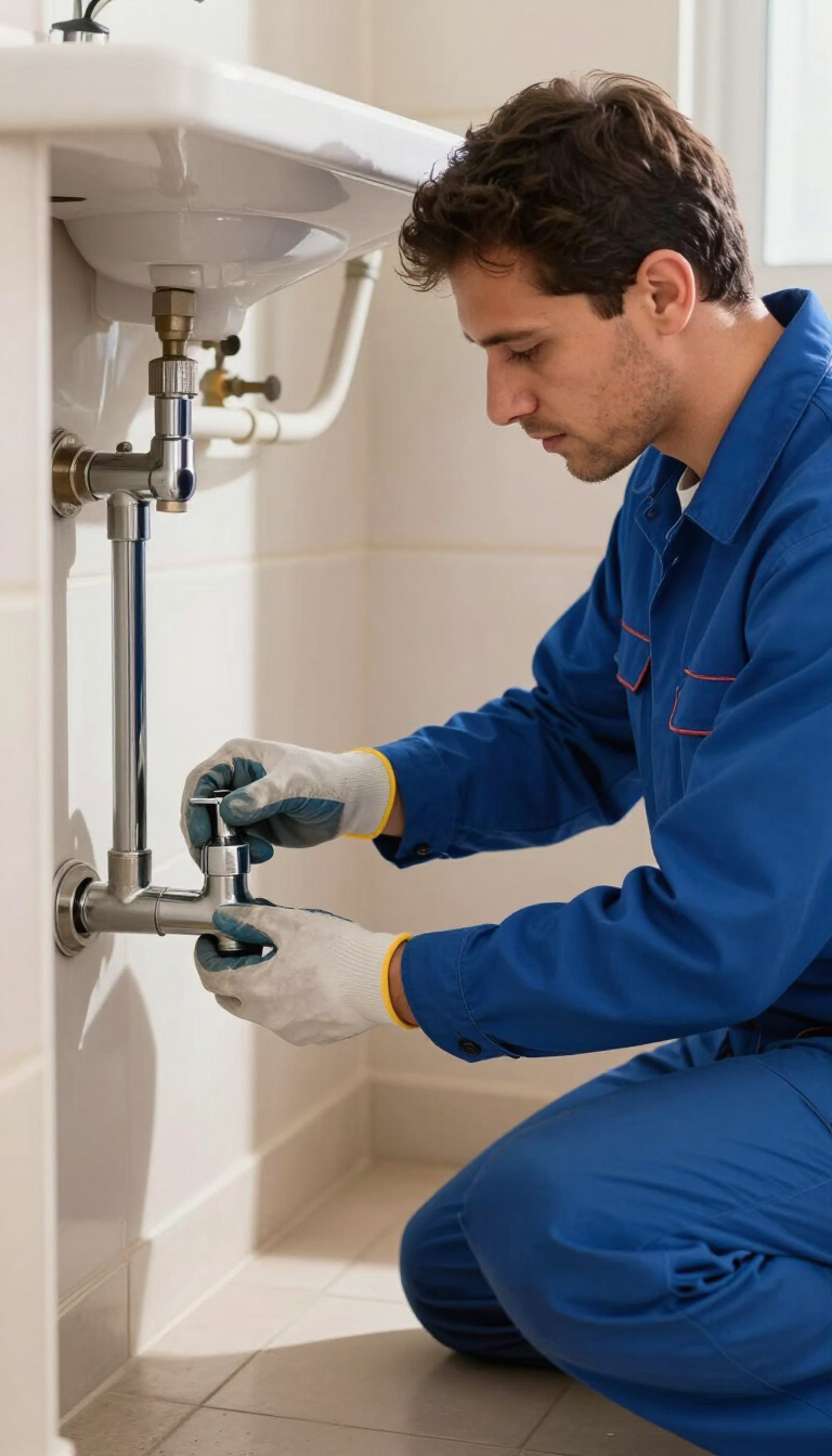 Fontanero con mono azul reparando una tubería de desagüe debajo de un lavabo de baño.