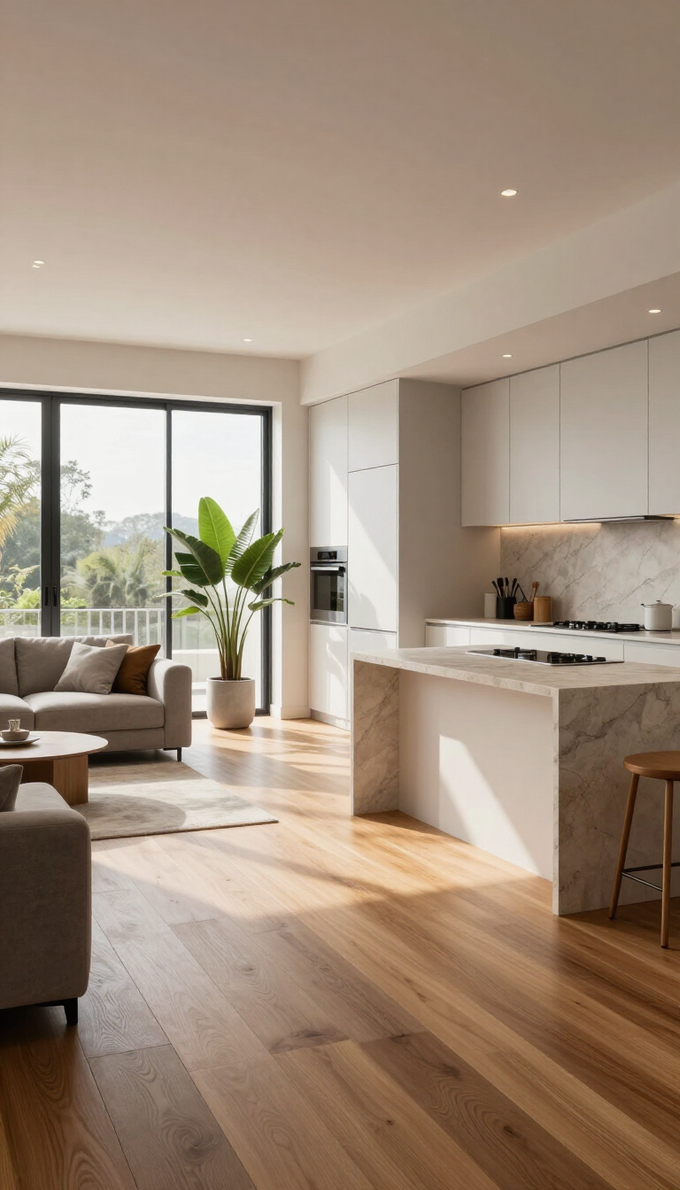 Luminoso salón-cocina moderno de planta abierta con suelos de madera y grandes ventanales con vistas a zonas verdes.