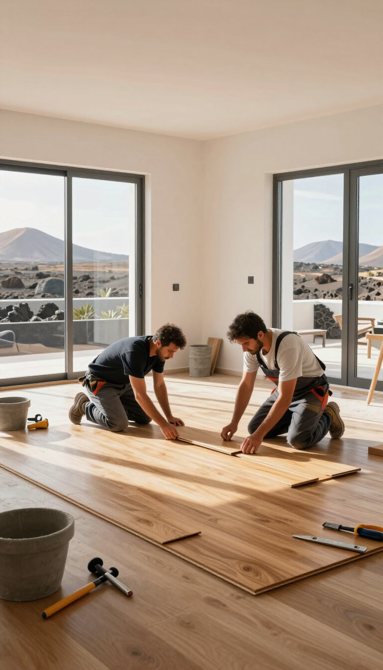 Dos personas se arrodillan sobre un suelo de madera bañado por el sol, colocando tablones en una habitación.