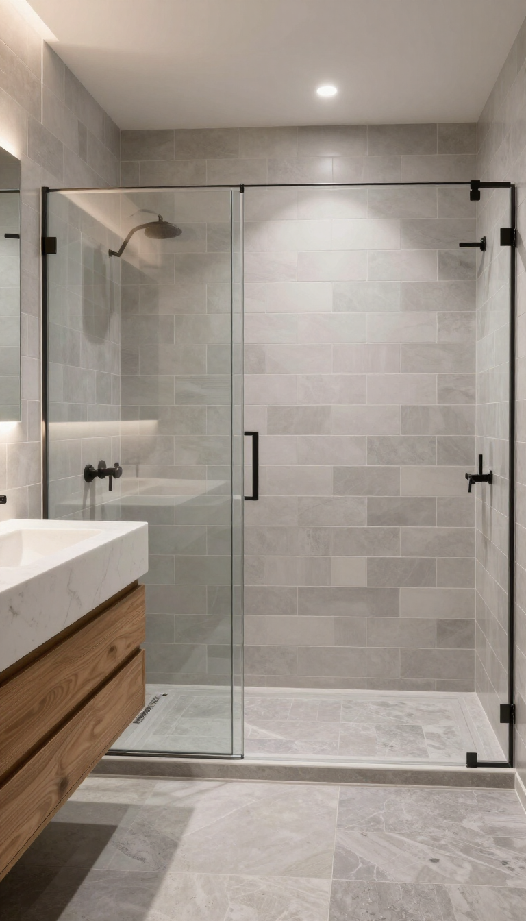 Baño moderno con cabina de ducha de cristal, azulejos grises y tocador de madera.