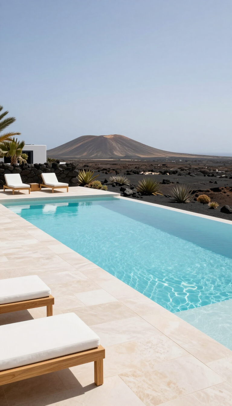 Lujosa terraza junto a la piscina con tumbonas blancas con vistas a un paisaje rocoso y a una montaña lejana.