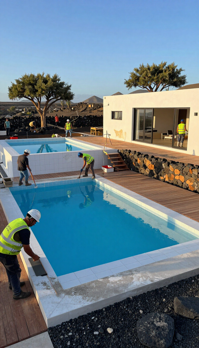 Trabajadores instalando un revestimiento de piscina junto a una villa moderna con una piscina azul y el cielo al atardecer.