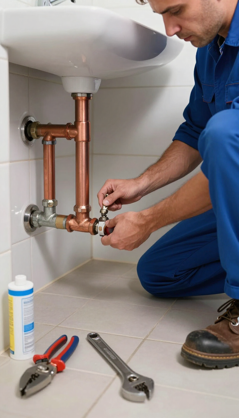 Un fontanero aprieta una tubería de desagüe debajo de un lavabo de baño con herramientas en el suelo.