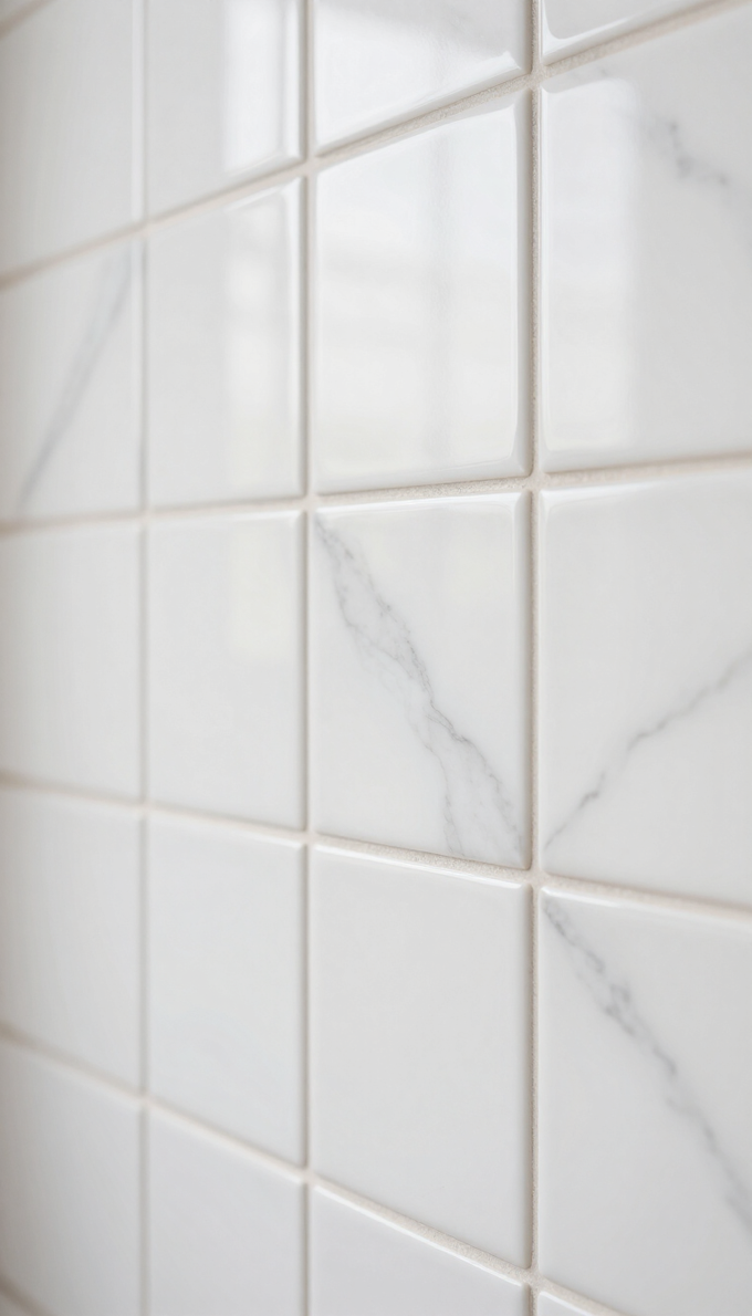 Pared revestida con azulejos que imitan el mármol blanco, con vetas y juntas de color gris claro.