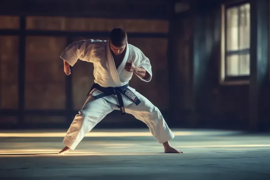 Practicante de karate con gi blanco y cinturón negro, en posición de combate en un dojo poco iluminado.