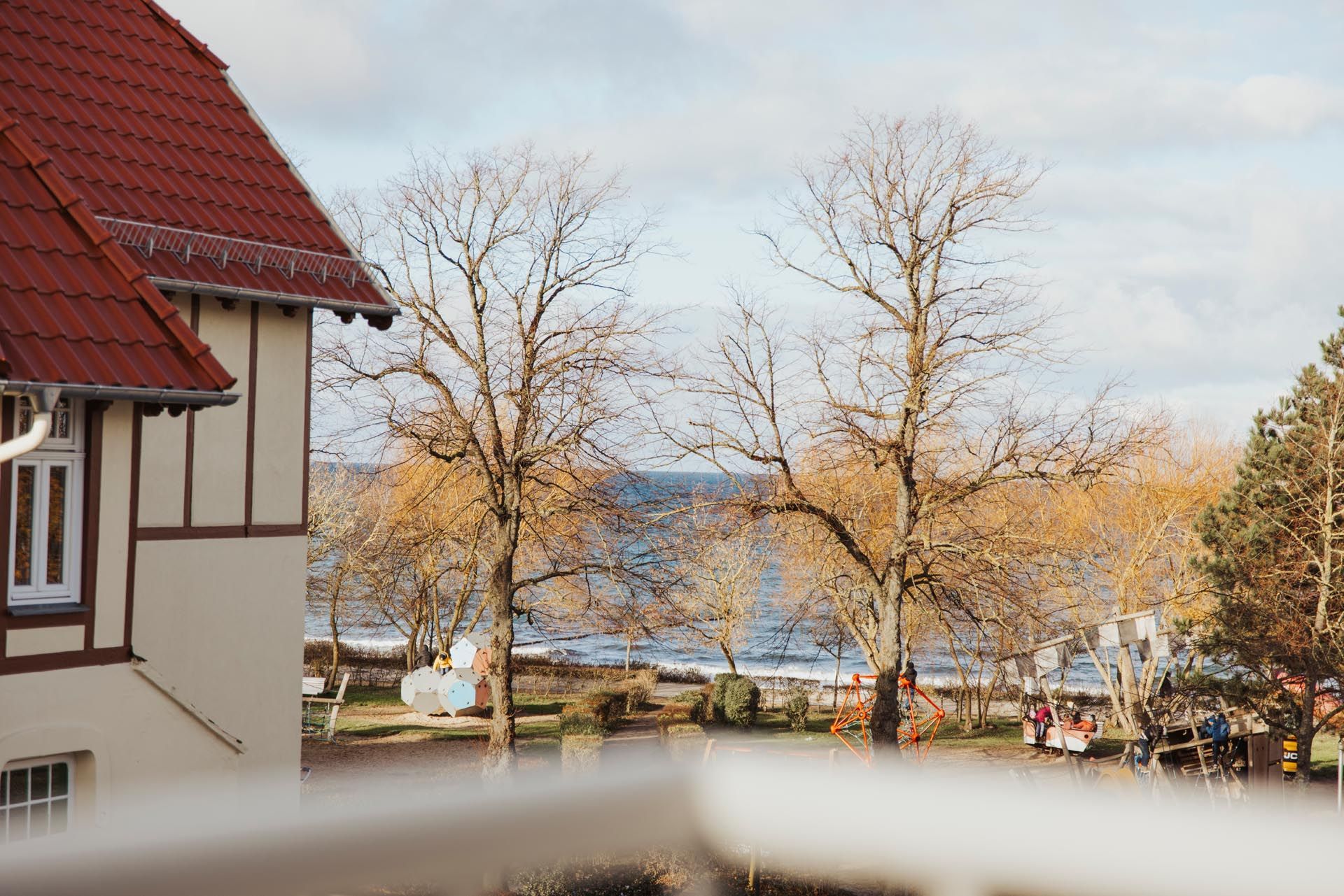 Winterlicher Seeblick mit kahlen Bäumen, einem Haus mit rotem Dach und dem fernen Wasser unter einem bewölkten Himmel