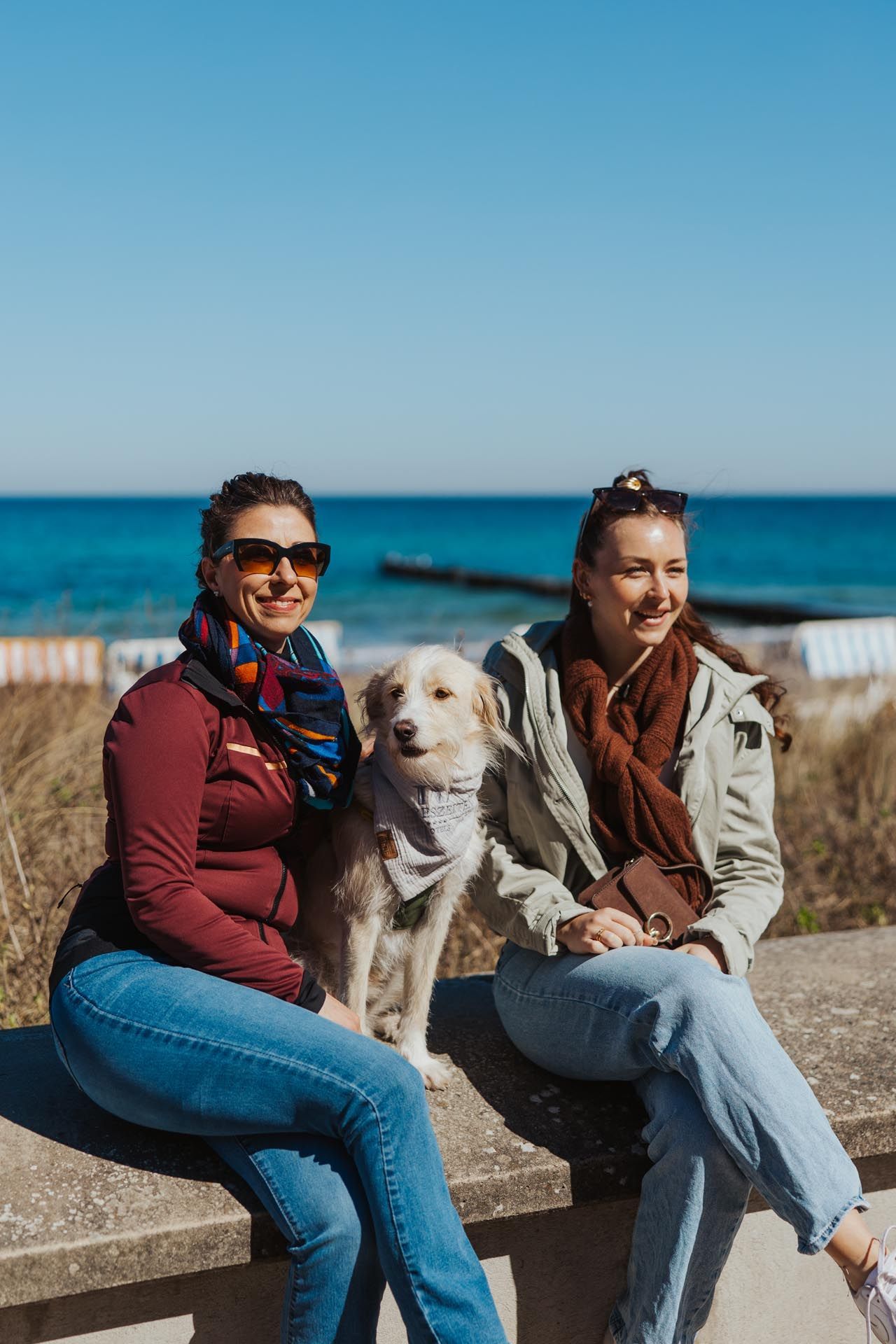 Zwei Frauen sitzen mit einem Hund an einem sonnigen Tag auf einer Bank am Meer.