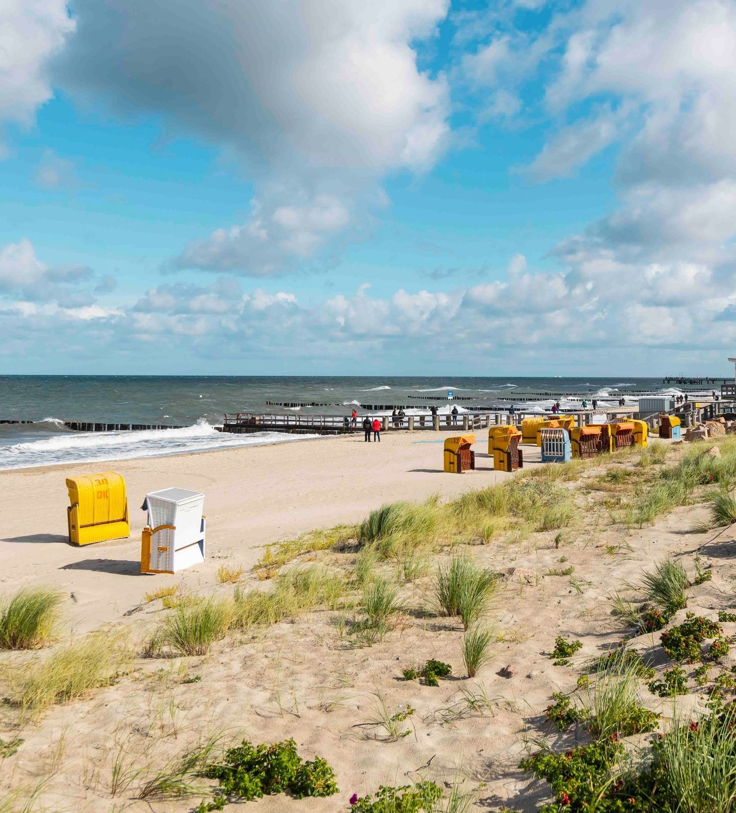 Strand mit Sanddünen, blauem Himmel und Reihen von gelben und weißen Strandstühlen.