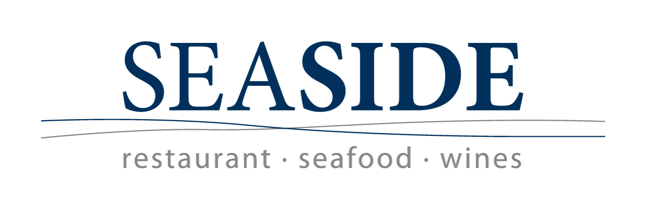 SEASIDE-Logo mit blauer Serifenschrift und grauem Slogan „Restaurant • Meeresfrüchte • Weine“